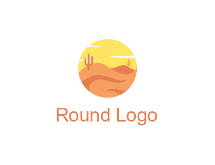 circular logo showing a desert landscape with cactus