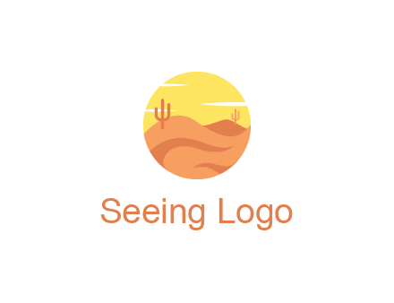 circular logo showing a desert landscape with cactus