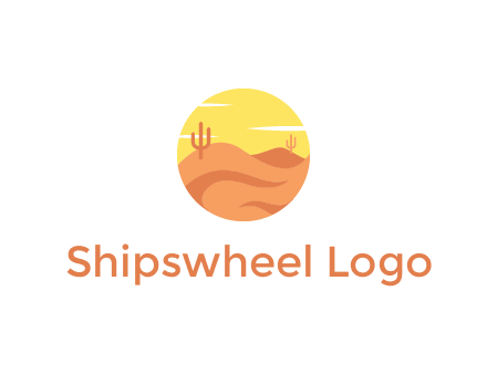 circular logo showing a desert landscape with cactus