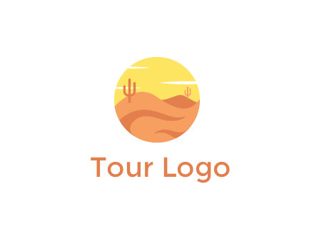 circular logo showing a desert landscape with cactus