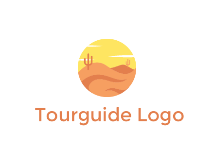 circular logo showing a desert landscape with cactus