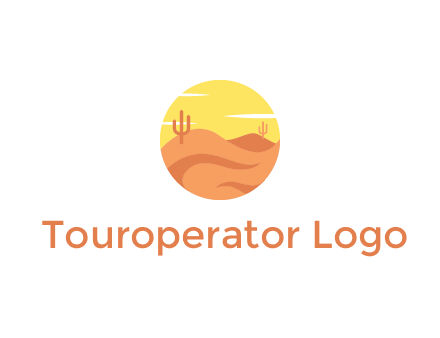 circular logo showing a desert landscape with cactus