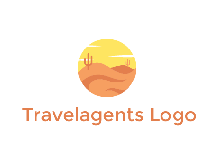 circular logo showing a desert landscape with cactus