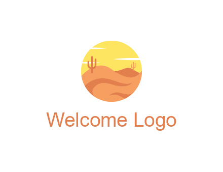 circular logo showing a desert landscape with cactus