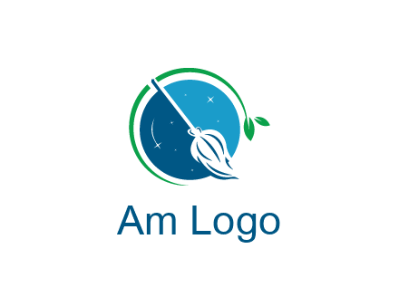 broom in the night sky or space with a green sprout around the logo