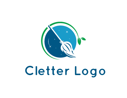 broom in the night sky or space with a green sprout around the logo