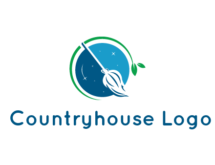 broom in the night sky or space with a green sprout around the logo