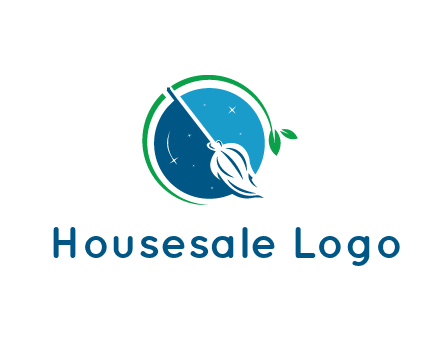 broom in the night sky or space with a green sprout around the logo