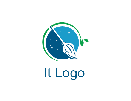 broom in the night sky or space with a green sprout around the logo