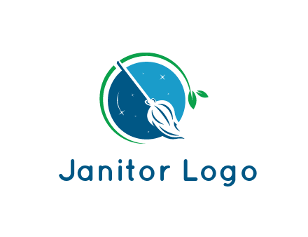 broom in the night sky or space with a green sprout around the logo