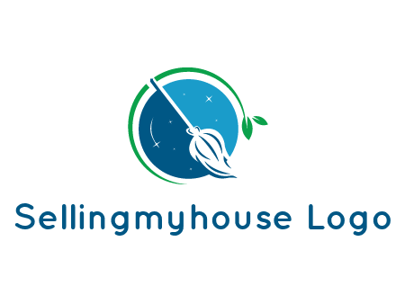 broom in the night sky or space with a green sprout around the logo