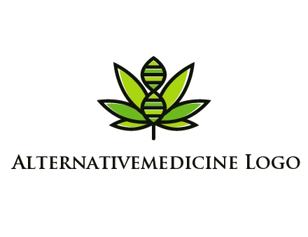 dna at the center of a marijuana leaf logo