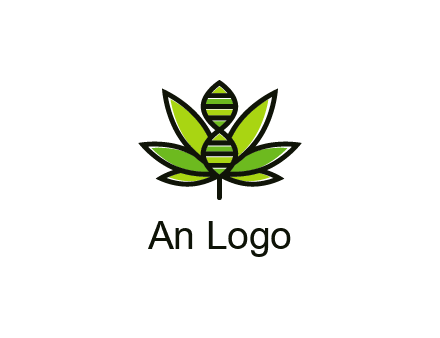 dna at the center of a marijuana leaf logo