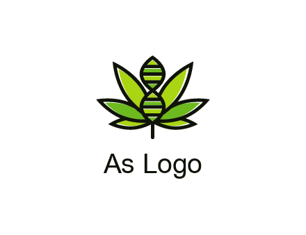 dna at the center of a marijuana leaf logo