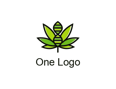 dna at the center of a marijuana leaf logo