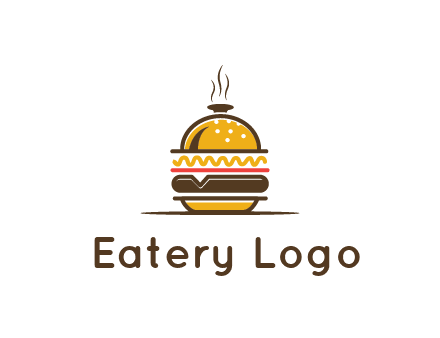 burger with a dish lid logo for an eatery
