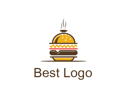 burger with a dish lid logo for an eatery