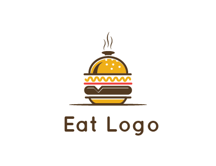 burger with a dish lid logo for an eatery