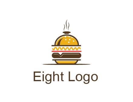 burger with a dish lid logo for an eatery