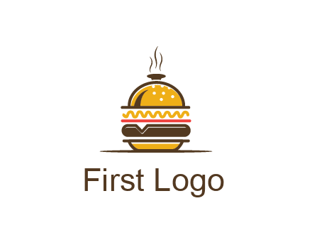 burger with a dish lid logo for an eatery
