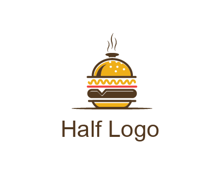 burger with a dish lid logo for an eatery