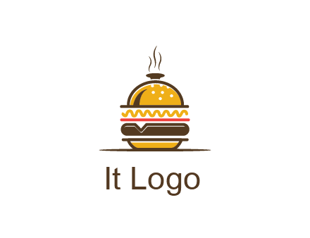 burger with a dish lid logo for an eatery