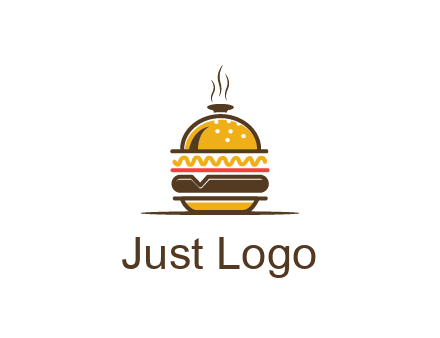 burger with a dish lid logo for an eatery