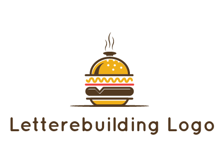 burger with a dish lid logo for an eatery