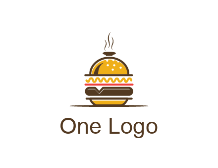 burger with a dish lid logo for an eatery