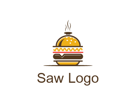 burger with a dish lid logo for an eatery
