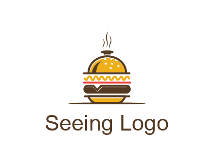 burger with a dish lid logo for an eatery