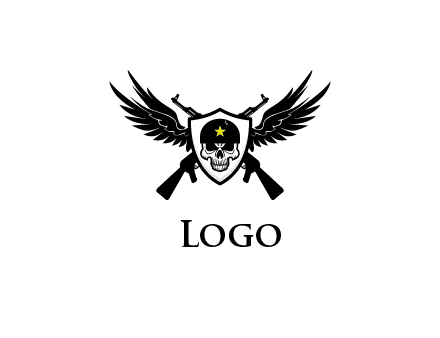 military or security logo with crossed guns, shield with wings and a skull illustration