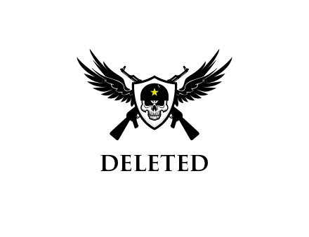 military or security logo with crossed guns, shield with wings and a skull illustration