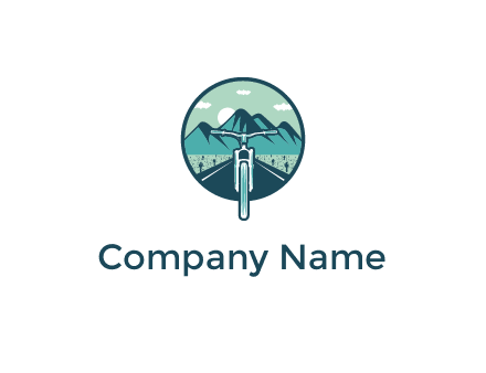 travel logo with bike leaving behind a road and mountains