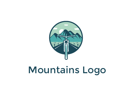 travel logo with bike leaving behind a road and mountains