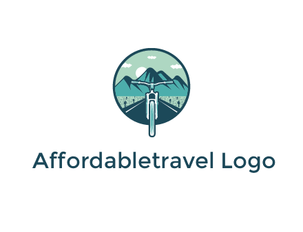 travel logo with bike leaving behind a road and mountains