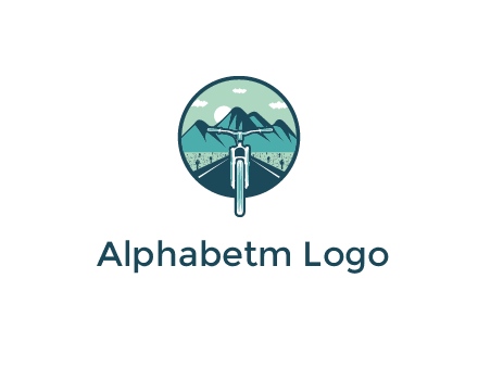 travel logo with bike leaving behind a road and mountains