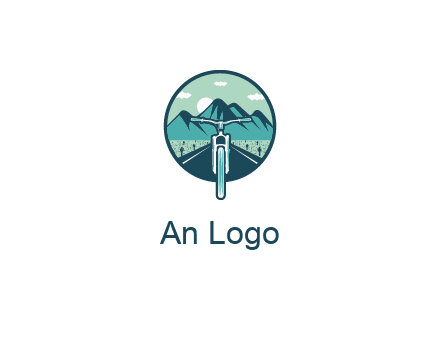 travel logo with bike leaving behind a road and mountains