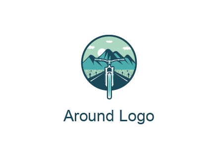 travel logo with bike leaving behind a road and mountains