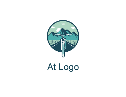 travel logo with bike leaving behind a road and mountains