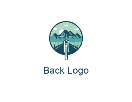 travel logo with bike leaving behind a road and mountains