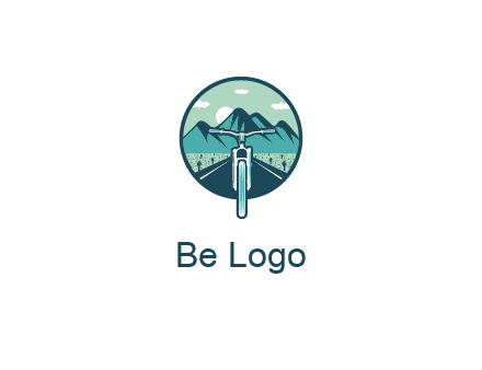 travel logo with bike leaving behind a road and mountains