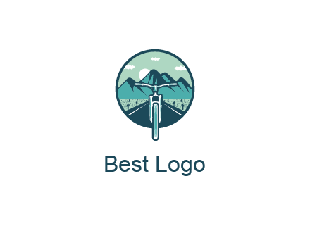 travel logo with bike leaving behind a road and mountains