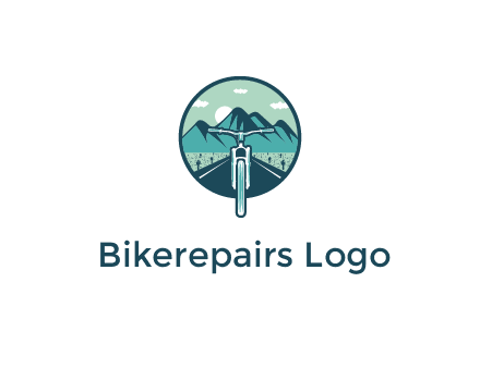 travel logo with bike leaving behind a road and mountains