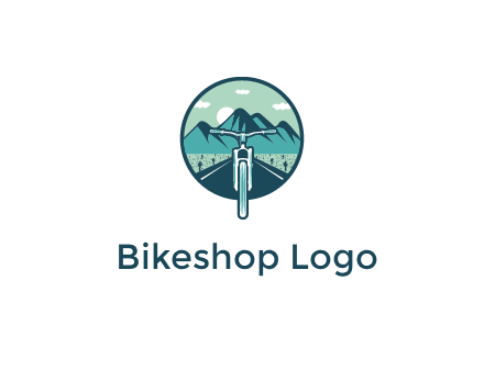 travel logo with bike leaving behind a road and mountains