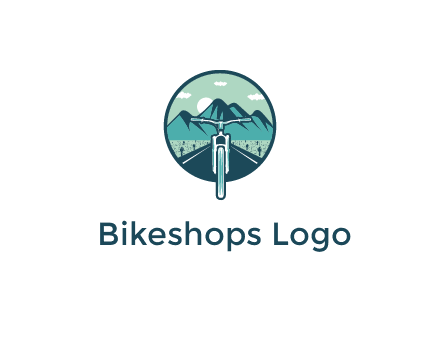 travel logo with bike leaving behind a road and mountains