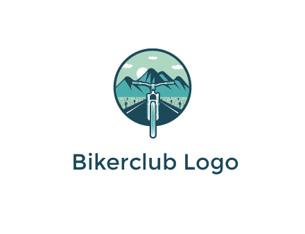 travel logo with bike leaving behind a road and mountains