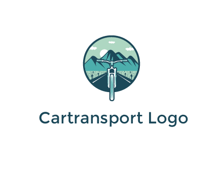 travel logo with bike leaving behind a road and mountains