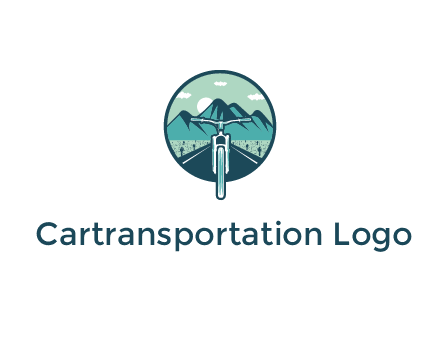 travel logo with bike leaving behind a road and mountains