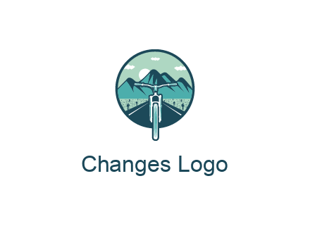 travel logo with bike leaving behind a road and mountains